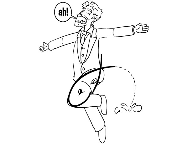 A mnemonic example of Ezra Pound with a fish to memorize the sound and shape of a hiragana character