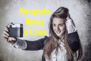 Image of a woman looking at herself in a camera with text to express a problem with photographic memory