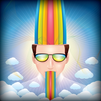 Image of a man with rainbow passing through his head to illustrate a concept related to adult coloring books