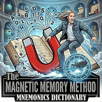 Mnemonics dictionary feature image a cartoon of Anthony Metivier skateboarding through a library with a large open dictionary and the front of the skateboard bursting through a Memory Wheel