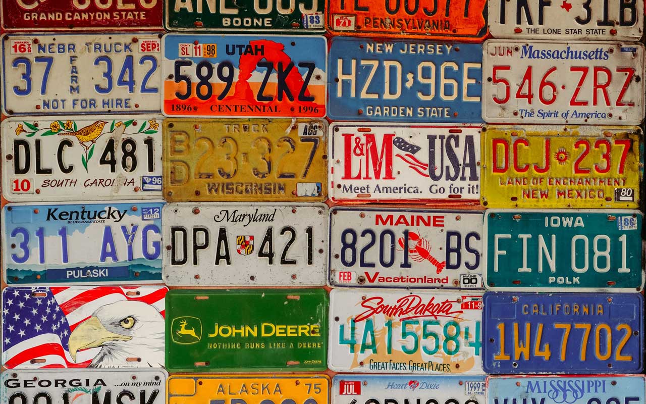 License plates (also called number plates) from many different states in the U.S.