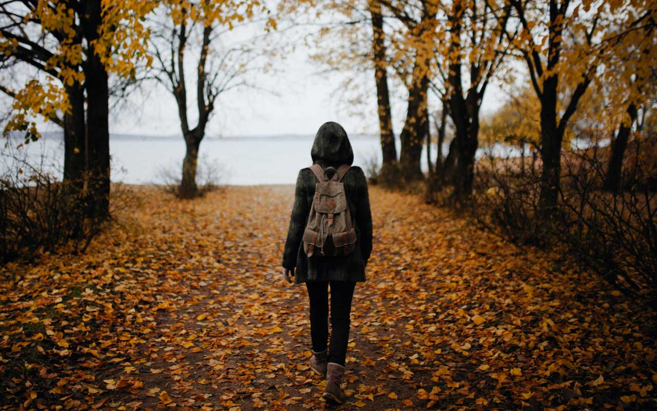 Een persoon loopt langs een met bladeren bedekte weg. Mindful wandelen zoals dit kan een goede cognitieve activiteit zijn voor volwassenen.