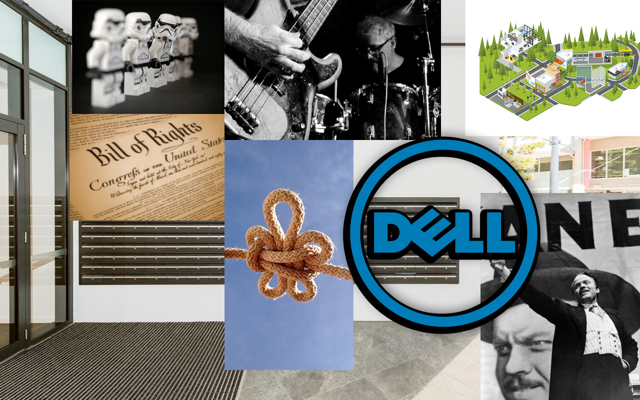 A collage of images; lego Star Wars troopers, the Bill of Rights, a knot, the Dell logo, a memory palace, the Wright brothers from NoMeansNo, a movie poster for Citizen Kane.