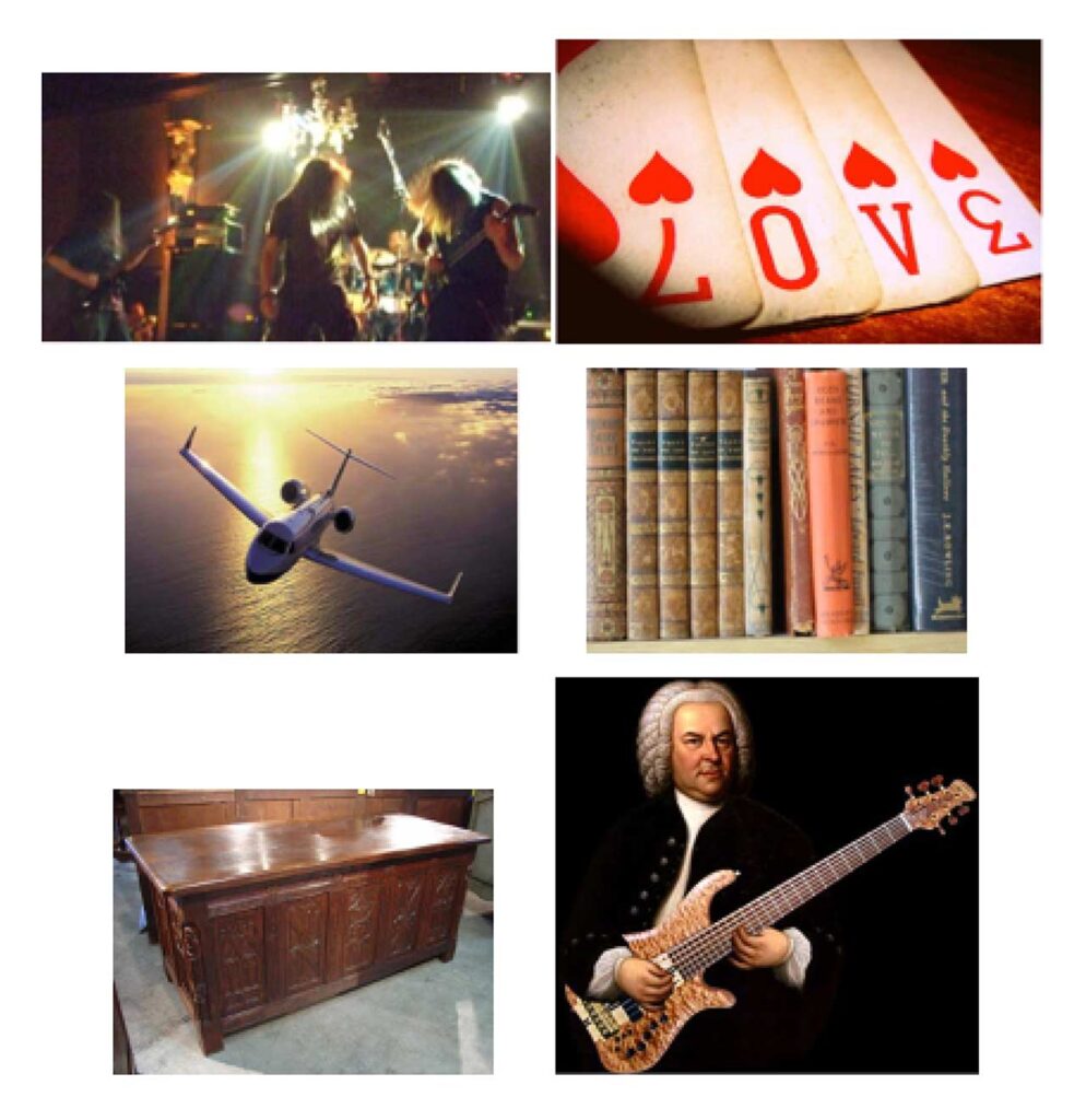 Anthony's "treasure map" which includes pictures of a band performing on stage, playing cards, an airplane, books, a chest, and J.S. Bach holding an electric bass.