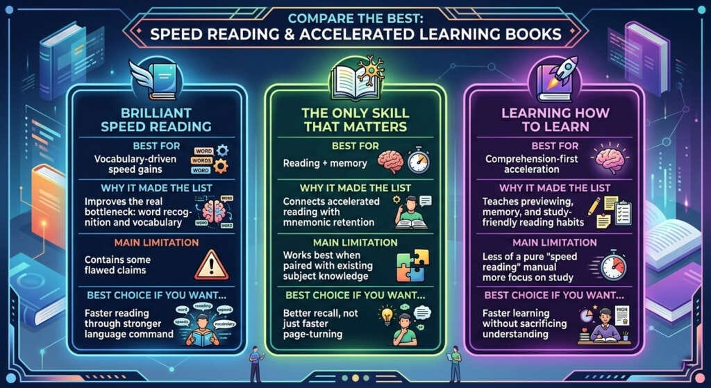 Comparison table of the three best speed reading books, showing Brilliant Speed Reading, The Only Skill That Matters, and Learning How to Learn. Includes strengths, limitations, and possible problems so the ideal reader can best decide.
