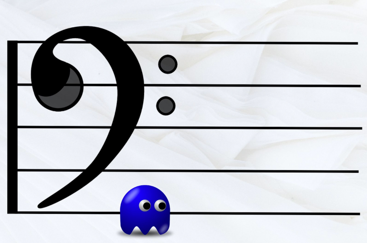 mnemonic example of how to remember notes on treble clef using a ghost from pacman