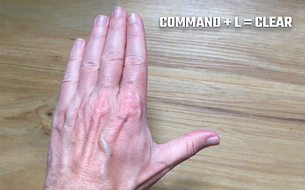 Keyboard Command Hand Memory Palace example for memorizing that Command + L in Python clears the screen