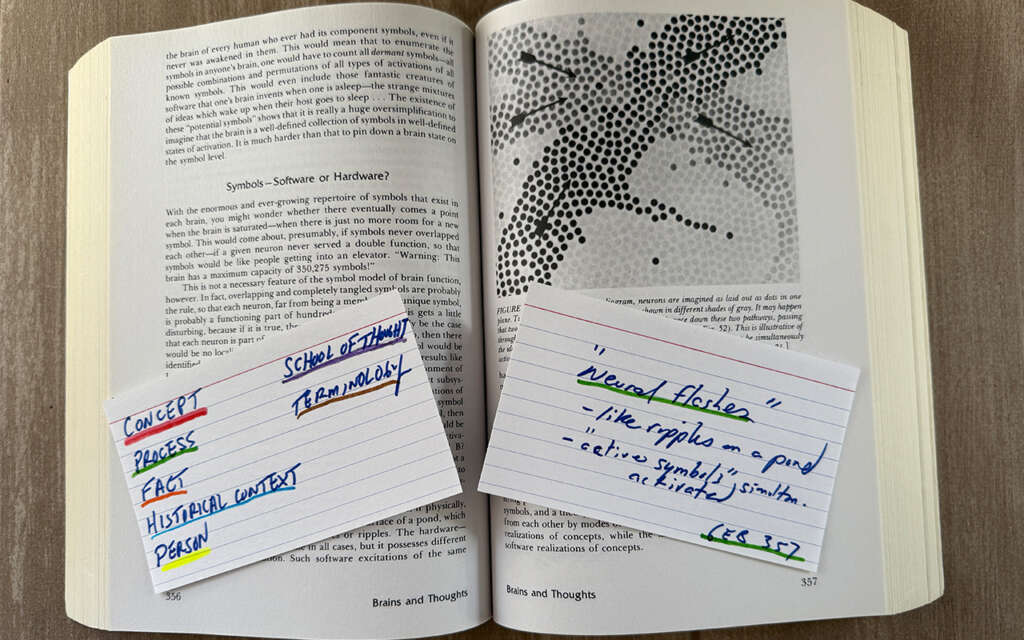 Color coded index card key pictured with an individual card coded to one category of knowledge drawn from a difficult book