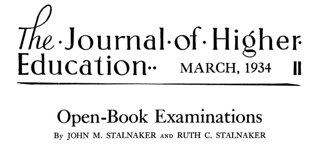 Image of the title of a March 1934 Journal of Higher Education article about open-book examinations